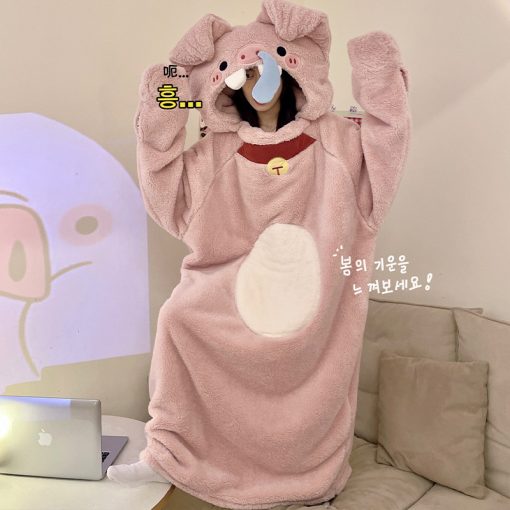 Cute Cartoon Pink Piglet Sleep Robe Pajama Set Funny Nose Design