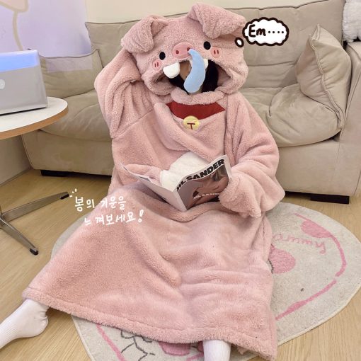 Cute Cartoon Pink Piglet Sleep Robe Pajama Set Funny Nose Design - Image 3