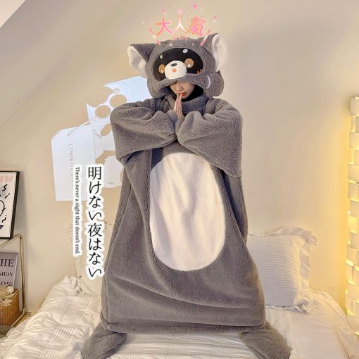 Fall Winter Raccoon Plush Hooded Sleep Robe for Women Funny Gift