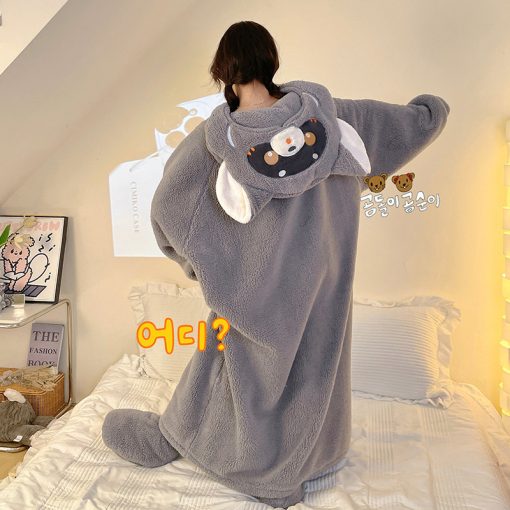 Fall Winter Raccoon Plush Hooded Sleep Robe for Women Funny Gift - Image 5