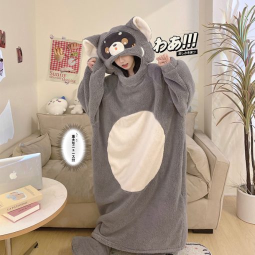 Fall Winter Raccoon Plush Hooded Sleep Robe for Women Funny Gift - Image 4