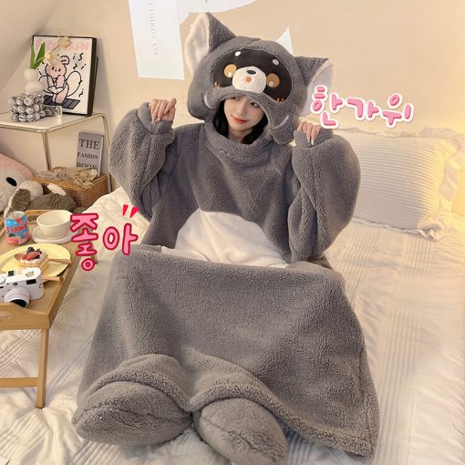 Fall Winter Raccoon Plush Hooded Sleep Robe for Women Funny Gift - Image 2