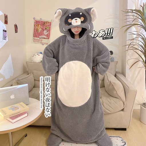 Fall Winter Raccoon Plush Hooded Sleep Robe for Women Funny Gift - Image 3