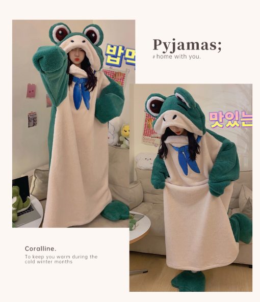 Frog-Inspired Couple's Winter Coral Fleece Pajamas with Hooded Robe - Image 7