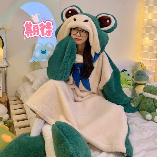 Frog-Inspired Couple's Winter Coral Fleece Pajamas with Hooded Robe - Image 2