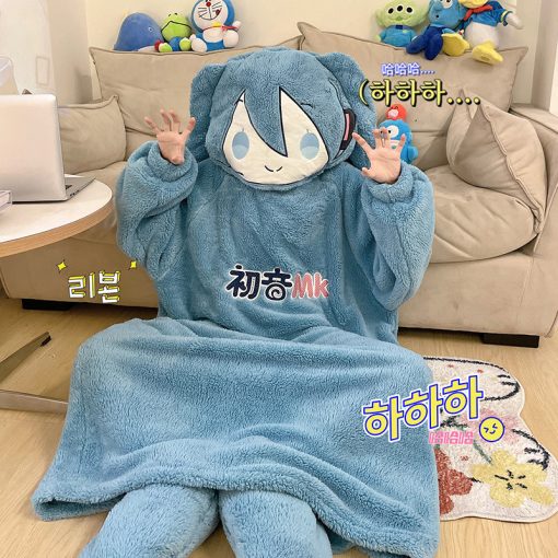 Miku Cartoon Women's Coral Fleece Hooded Robe – Fun Costume and Cozy Homewear - Image 2