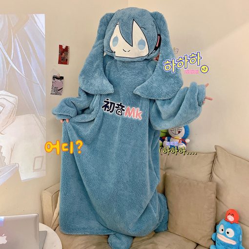 Miku Cartoon Women's Coral Fleece Hooded Robe – Fun Costume and Cozy Homewear